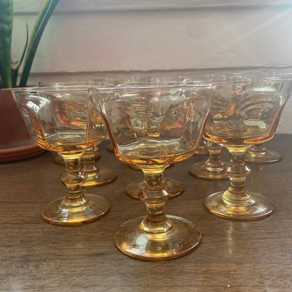 Vintage Glassware, Set of 6 Amber Yellow Dessert Glasses, Depression Stemware, C